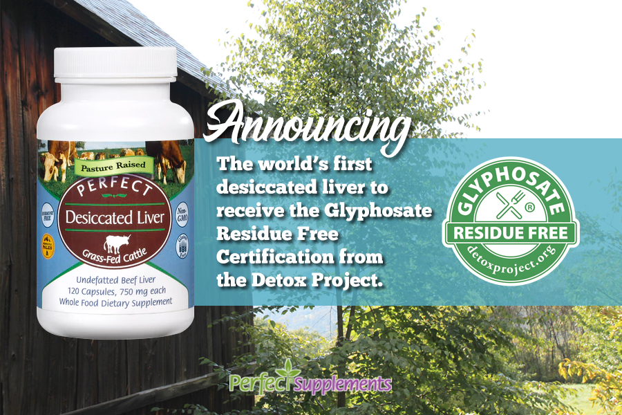 Glyphosate Residue Free Certification for Desiccated Liver (CAPSULES) - IMAGE, 900x600, SEAL and Bottle, Detox Project