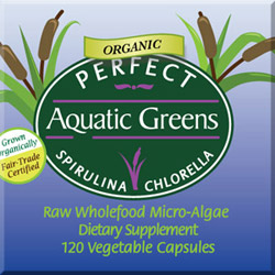 Perfect Aquatic Greens (120 caps)  Front Panel Image - Spirulina and Chlorella